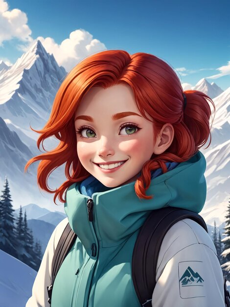 Glimlachend roodharig meisje met besneeuwde bergen op de achtergrond