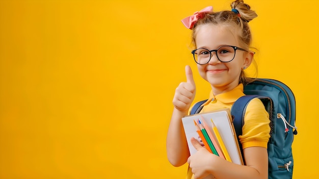 Foto glimlachend schoolmeisje met een bril die de duim omhoog geeft en een rugzak en boeken draagt tegen een felgele achtergrond portret van geluk en vertrouwen in onderwijs ai