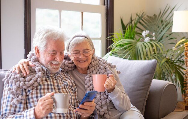 Glimlachend senior paar ontspannen zittend op de bank samen in de woonkamer met behulp van smartphone browsen