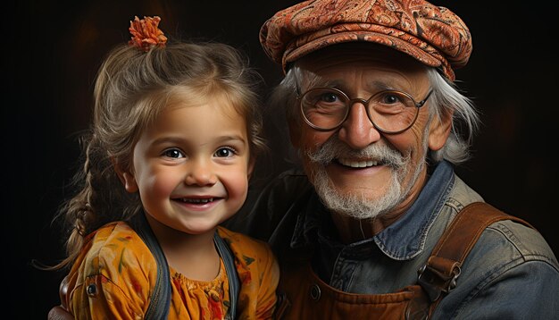 Foto glimlachend senior volwassen portretkind met grootvader-familiegeluk gegenereerd door kunstmatige intelligentie