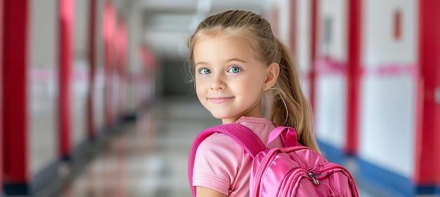 Foto glimlachend student meisje op weg naar school achteruitzicht kopieer ruimte educatief concept