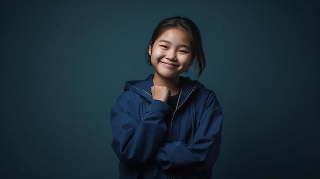 Glimlachend Tiener Aziatisch Meisje in Helderblauwe Studio generatieve ai