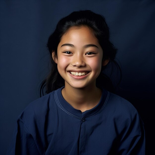Glimlachend tiener Aziatisch meisje tegen een solide marineblauwe achtergrond