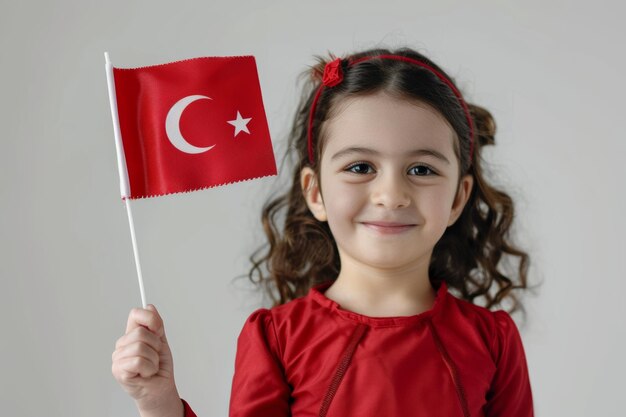 glimlachend Turks kind met nationale vlag in de hand op witte achtergrond