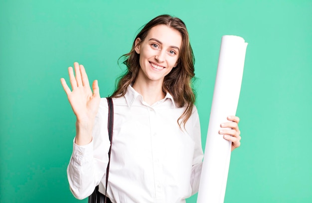 Foto glimlachend, vrolijk zwaaiend met de hand, verwelkomend en groetend