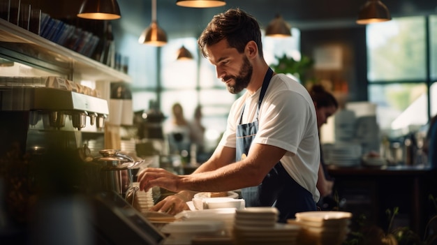 Glimlachende aantrekkelijke man barista die achter de toonbank staat in de koffieshop en een koffiekopje toont