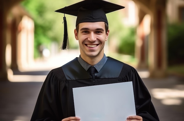 Glimlachende afgestudeerde man met diploma buiten