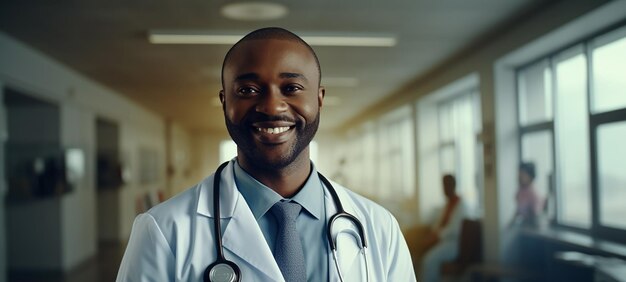 Glimlachende Afrikaanse arts in een ziekenhuisomgeving