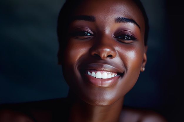 Glimlachende Afrikaanse vrouw kijkt in close-up naar de camera Opname van een model met een donkere huid met een gelukkige uitdrukking op het gezicht in een donker licht.