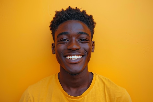 Foto glimlachende afrikaanse zwarte man in oranje t-shirt op helder oranje achtergrond portret levensstijl