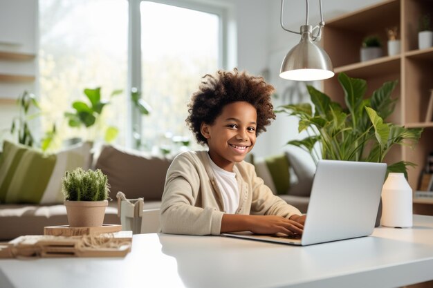 Glimlachende Afro-Amerikaanse jongen zit aan het bureau met een laptop in een gezellige kamer slimme zwarte jongen doet zijn