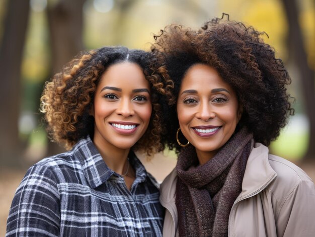 Glimlachende Afro-Amerikaanse moeder en volwassen dochter genieten van een dag buiten.