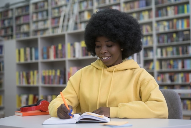 Glimlachende Afro-Amerikaanse student studeert het maken van aantekeningen examenvoorbereiding in bibliotheekonderwijs