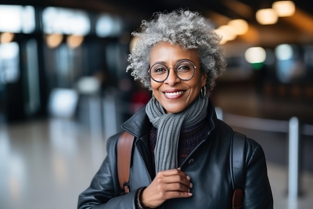 Glimlachende Afro-Amerikaanse vrouw van middelbare leeftijd die de luchthaven verlaat.