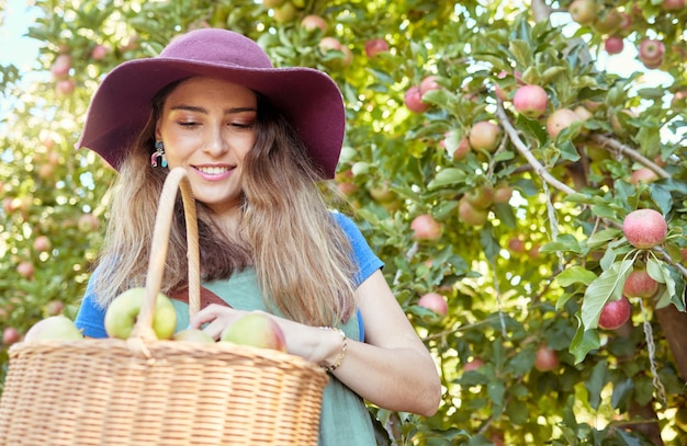 Glimlachende appelboer die vers fruit oogst op haar boerderij Gelukkige jonge vrouw die een mand gebruikt om rijpe appels te plukken en te oogsten op haar duurzame boomgaard Omringd door groene planten