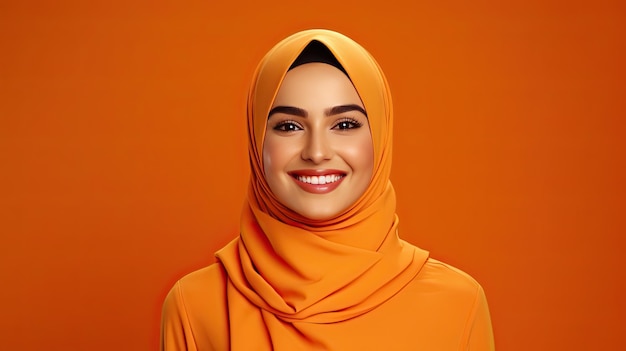 Glimlachende Arabische vrouw met oranje achtergrond