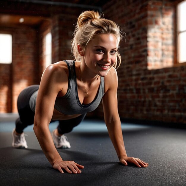 Foto glimlachende atletische vrouw doet pushup fitness oefening