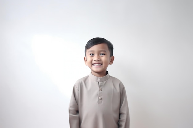 Glimlachende Aziatische jongen draagt grijze outfit op een witte achtergrond