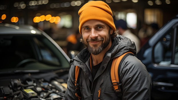 Glimlachende baard auto monteur staat tegen de achtergrond van een auto werkplaats