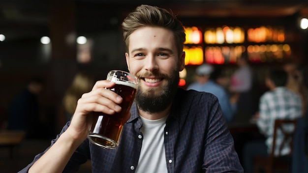 Glimlachende baarde man drinkt bier in een pub.