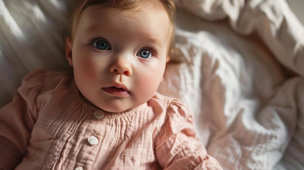 Glimlachende baby die een hoed met konijnenoren draagt terwijl hij op het bed ligt