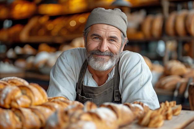 Glimlachende bakker met vers brood in een bakkerij