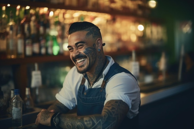 Glimlachende barman ontspannen achter de bar