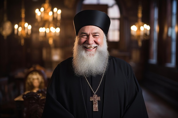 Glimlachende bejaarde christelijke priester in de kerk