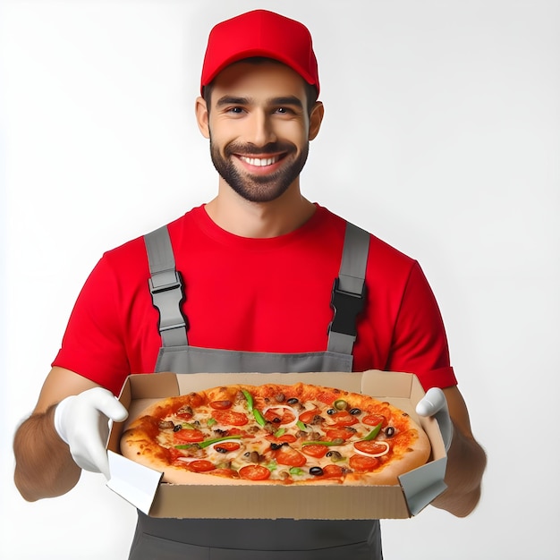 Glimlachende bezorger in rood uniform die een pepperoni pizza presenteert en een duim omhoog geeft