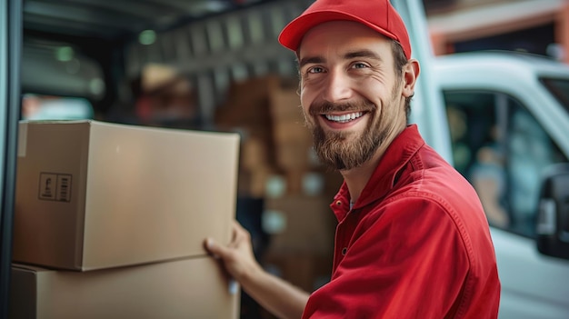 Glimlachende bezorger in rood uniform met een kartonnen doos bezorgdienstconcept