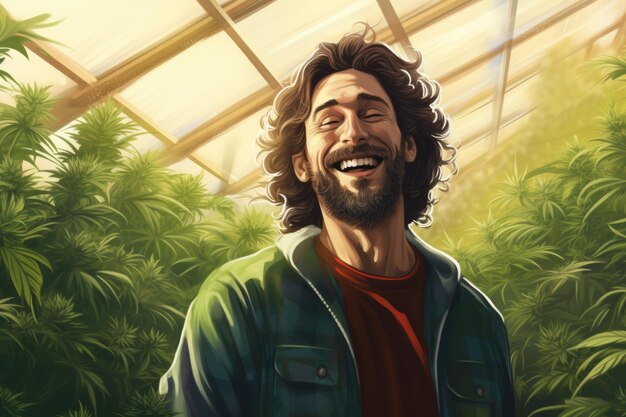 Glimlachende boer omringd door bloeiende cannabisplanten een toegewijde en gelukkige sfeer
