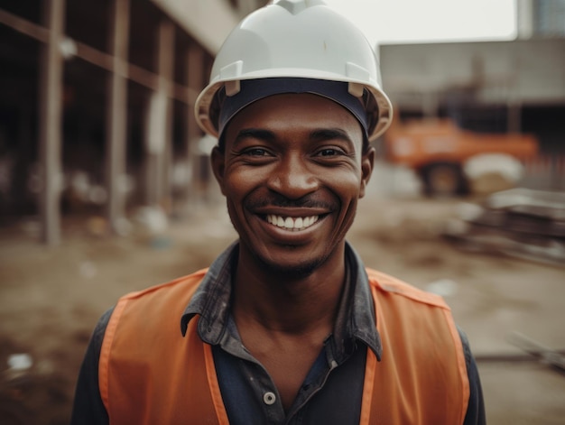 Glimlachende bouwer in bouwvakker op een bouwplaats