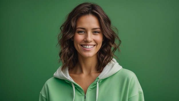 glimlachende brunette blanke vrouw met een blanke witte hoodie geïsoleerd op een vaste heldergroene achtergrond