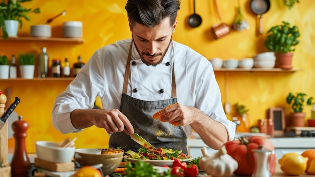 Foto glimlachende chef-kok bereidt eten in de keuken met levendige ingrediënten