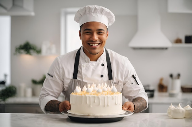 Glimlachende chef-kok die een witte cake versiert in een moderne keuken