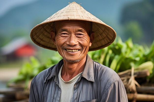 glimlachende Chinese boer in traditionele hoed