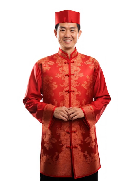 Glimlachende Chinese jongeman in traditionele kleding op witte geïsoleerde achtergrond