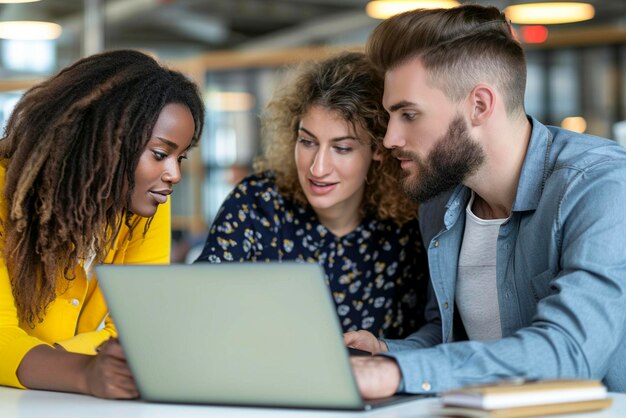 Glimlachende collega's bespreken een project terwijl ze met een laptop werken in een kantoor binnen Teamwerk in het bedrijf