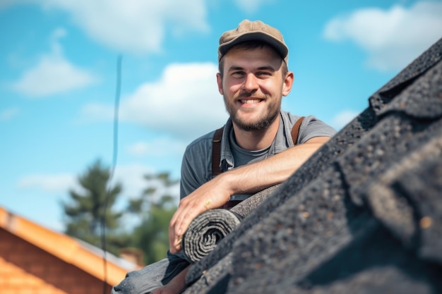 Glimlachende dakdekker die dakbedekking op een woongebouw draagt