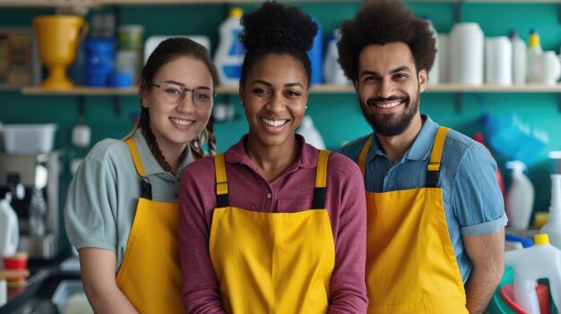 Glimlachende diverse cafépersoneel in schorten