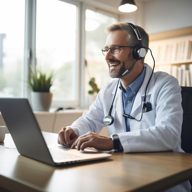 glimlachende dokter met een headset met een microfoon die op een laptop werkt