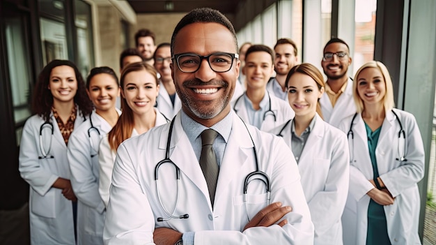 glimlachende dokter met een nette witte jas en bril staat een foto te nemen met zijn team van dokter