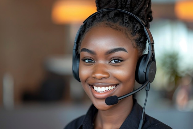 Glimlachende donkere Afro-Amerikaanse vrouw met koptelefoon en microfoon.