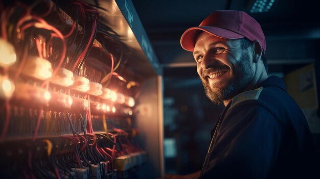 Foto glimlachende elektricien, knap en bekwaam, lost problemen op met het brekerpaneel.