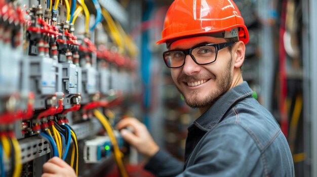 Glimlachende elektricien kopfoto