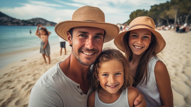 Glimlachende familie met hoeden op het strand Gezinsvakantie aan de Ionische kust