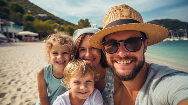 Glimlachende familie met hoeden op het strand Gezinsvakantie aan de Ionische kust