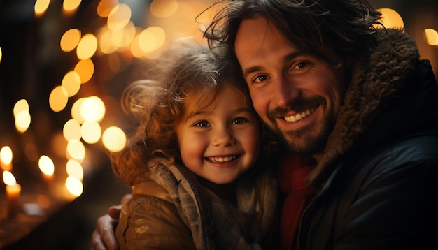 Glimlachende familie omarmt de winter vreugde vieren liefde en saamhorigheid gegenereerd door kunstmatige intelligentie