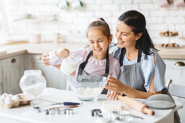 Glimlachende familie van moeder en dochter die samen smakelijk koekje koken, melk aan kom toevoegen, deeg voorbereiden in moderne keuken