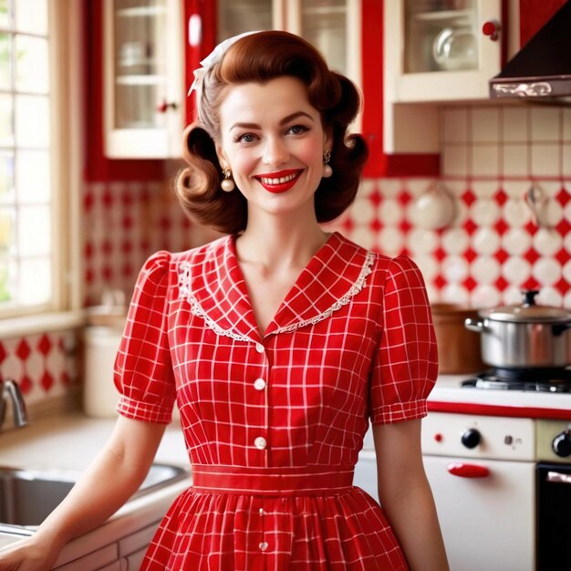 Foto glimlachende gelukkige retro vintage 1950s huisvrouw in rode keuken